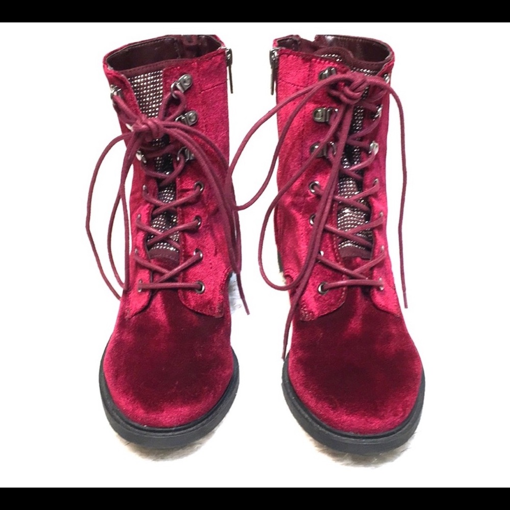 Red Velvet Combat Boots, Silver Studded Tongues